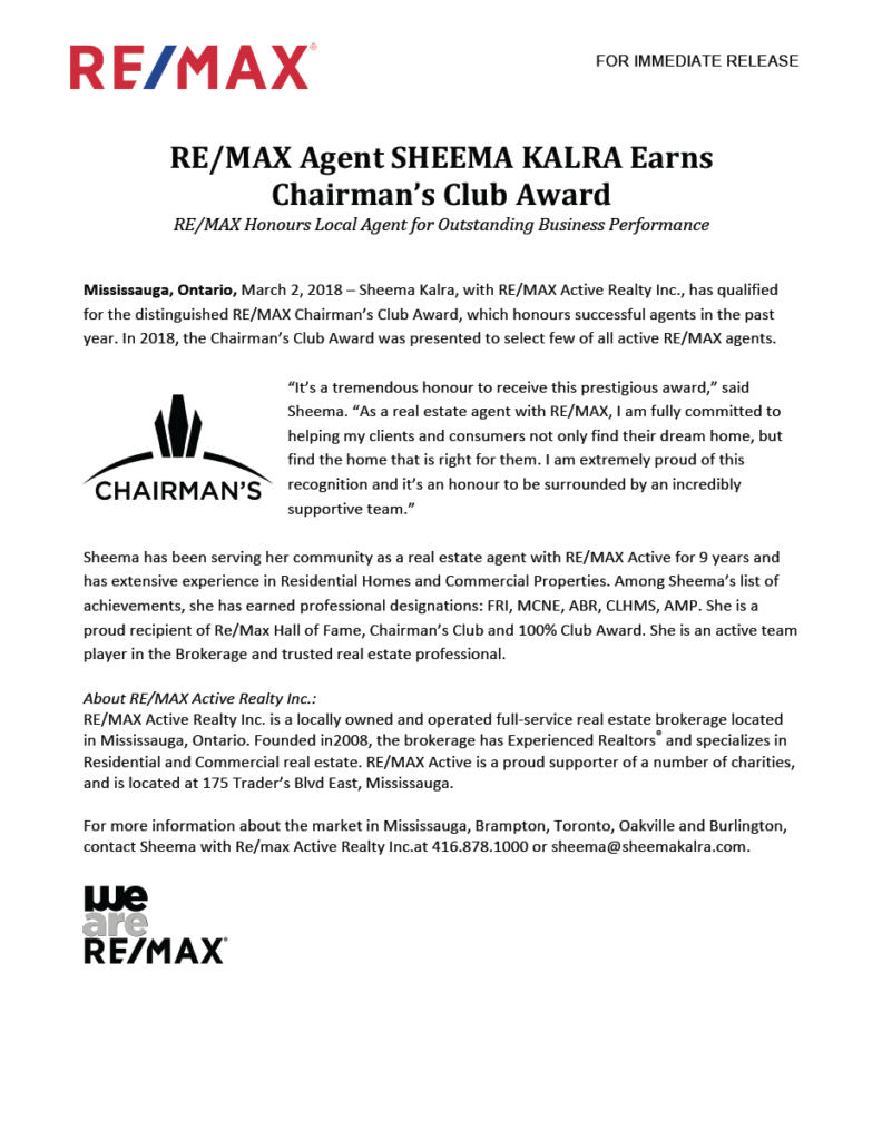 Remax Chairmans Club Award. Sheema Kalra