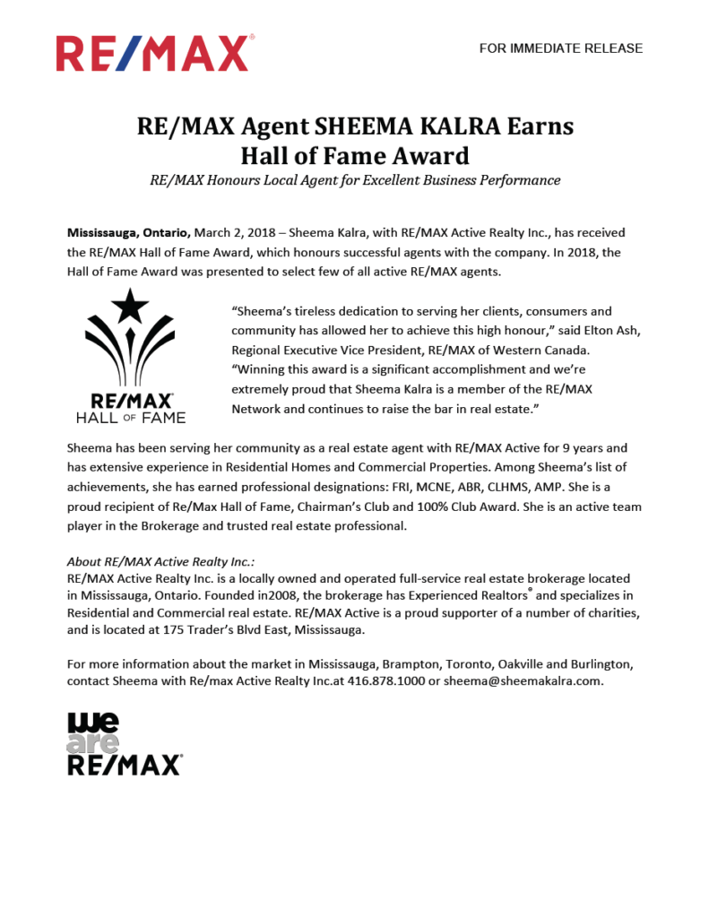 Sheema Kalra Remax Hall of Fame Award. Real Estate Award 2018.